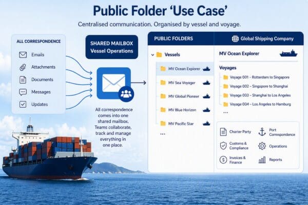 Container ship alongside a visual representation of a Public Folder structure organised by vessel and voyage, showing how shared mailbox correspondence, documents and operational information were managed in one central location.