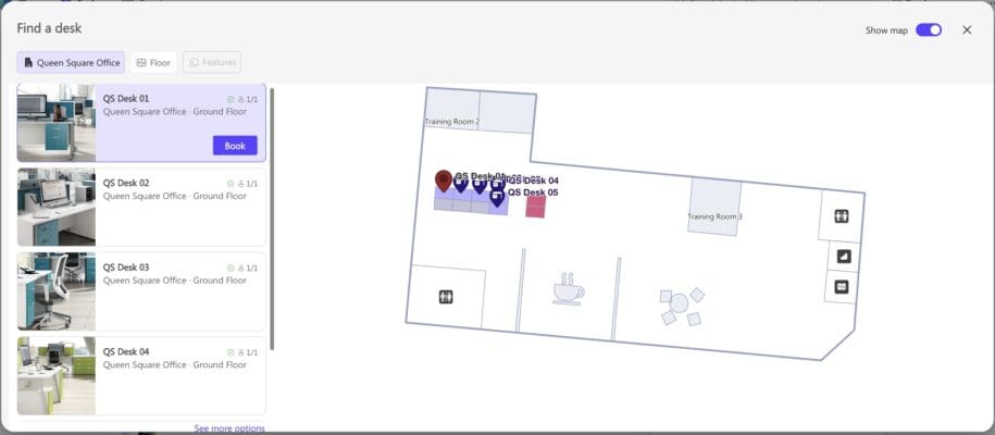Microsoft Places desk finder map showing desk locations and availability.