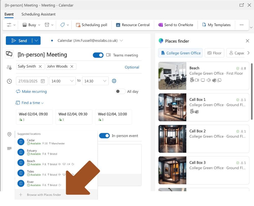 Microsoft Places Finder showing available meeting rooms with photos, capacity and filters