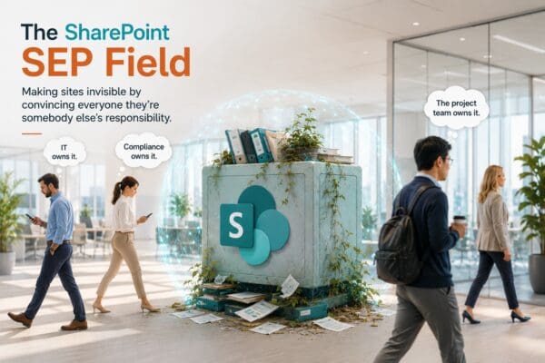Neglected SharePoint site surrounded by an invisible SEP field while office workers walk past assuming somebody else owns it.