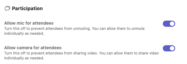 Microsoft Teams meeting options showing settings to allow or prevent attendees from unmuting their microphone and sharing video.