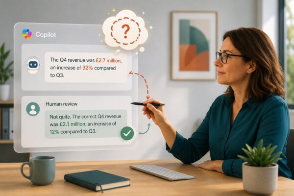 Person reviewing and correcting a Microsoft Copilot response, demonstrating the importance of validating AI-generated information before making decisions.
