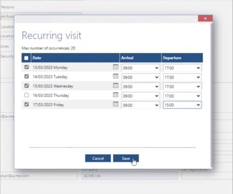 Screenshot of recurring visitor management interface in Microsoft 365 Outlook calendar showing flexible scheduling options for repeat visitors