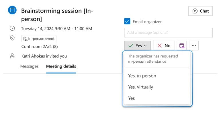 Outlook meeting RSVP dropdown with in‑person and virtual options