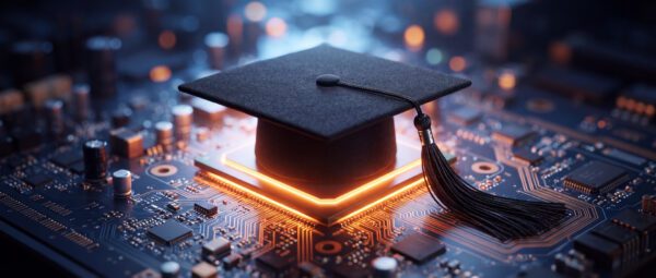 Graduation cap on a glowing computer chip, representing AI-powered learning, workplace skills development and Microsoft Copilot training.