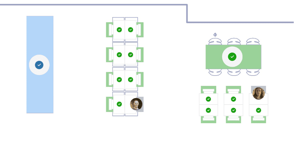 Comparison of Microsoft Places desk pool representations showing a basic workspace block and an enhanced layout with visible seating arrangements.